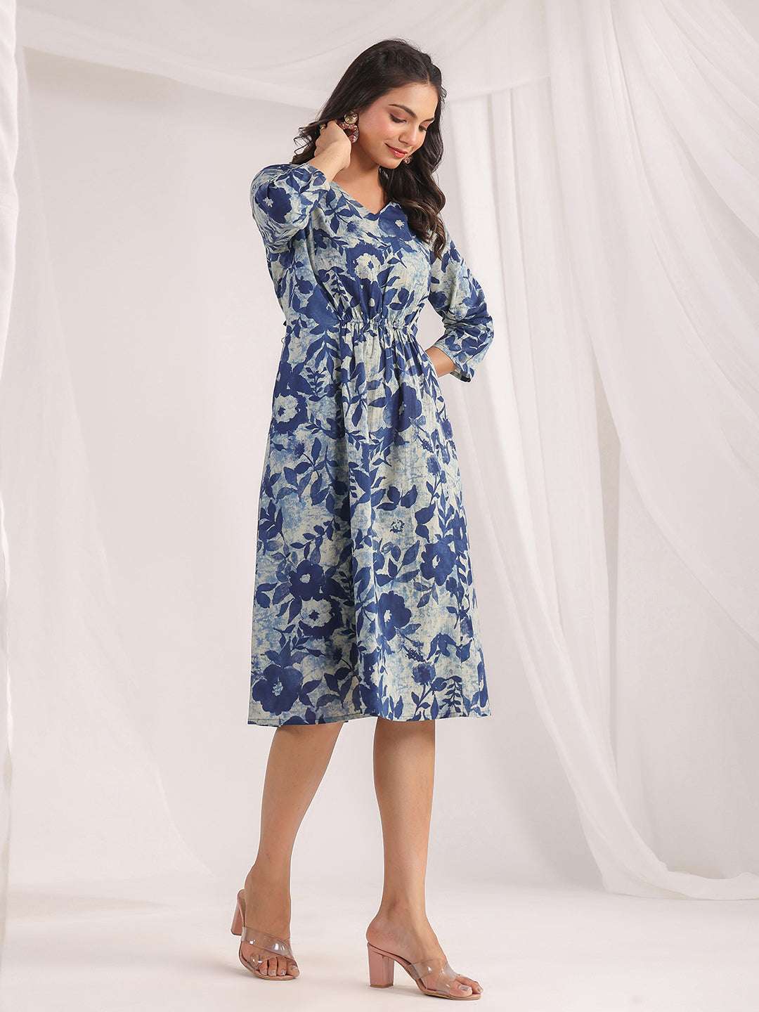 Indigo Cotton Floral Panelled Dress for Women My Store