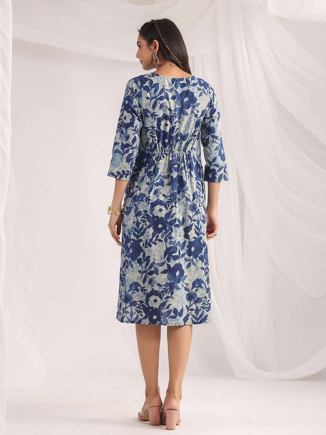 Indigo Cotton Floral Panelled Dress for Women My Store