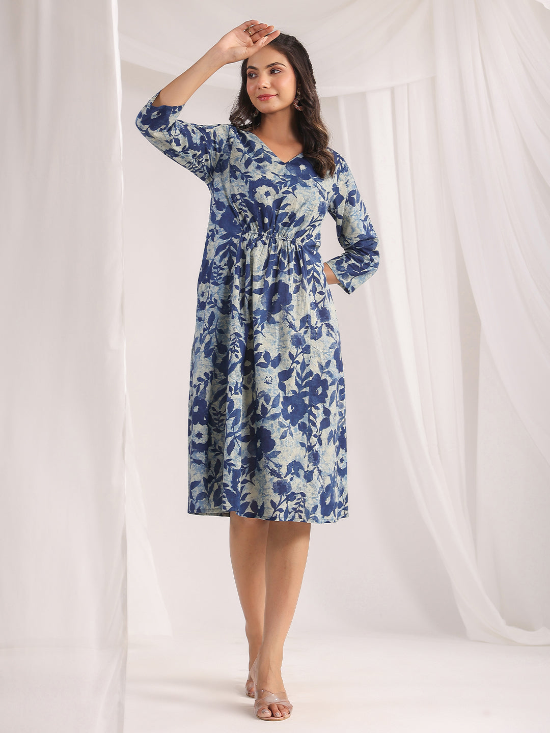 Indigo Cotton Floral Panelled Dress for Women