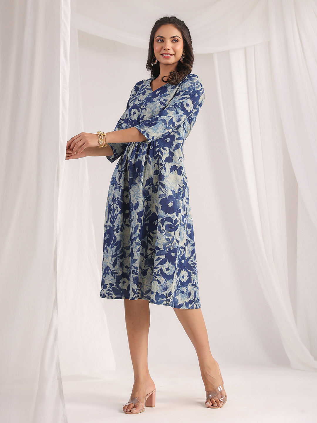 Indigo Cotton Floral Panelled Dress for Women