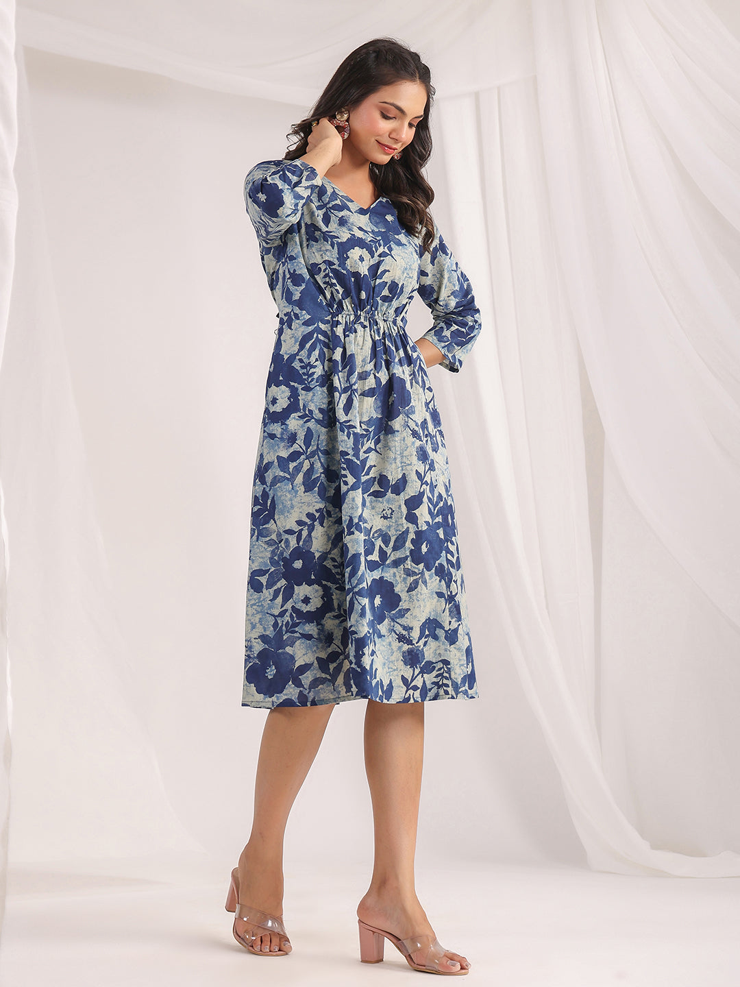 Indigo Cotton Floral Panelled Dress for Women