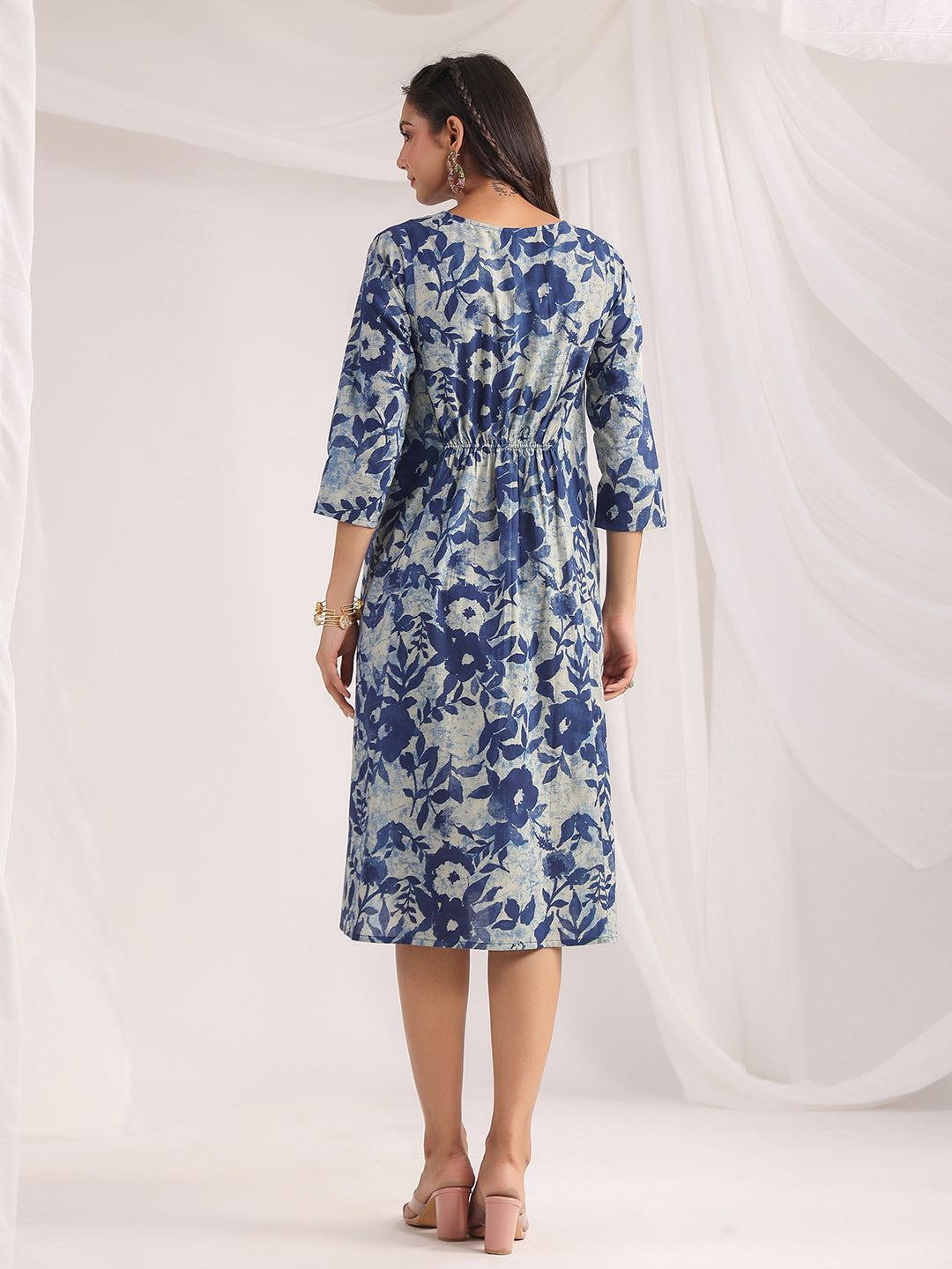 Indigo Cotton Floral Panelled Dress for Women