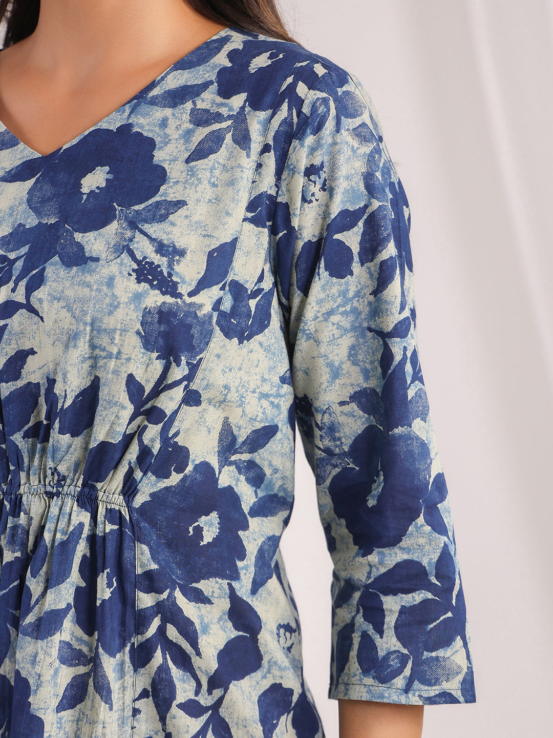 Indigo Cotton Floral Panelled Dress for Women