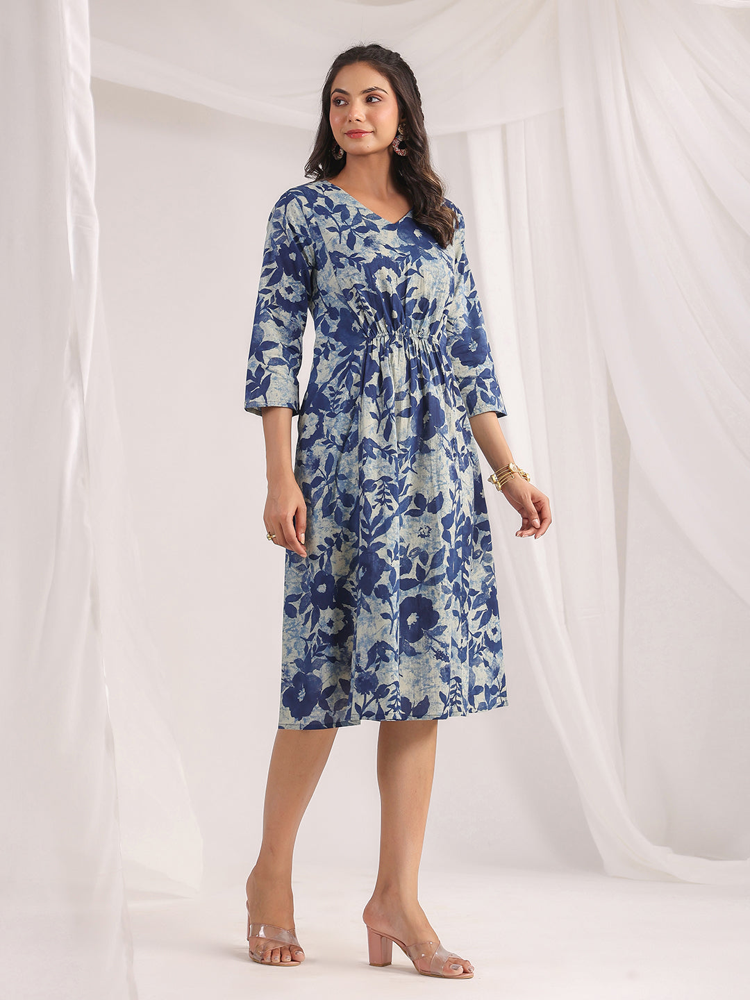 Indigo Cotton Floral Panelled Dress for Women