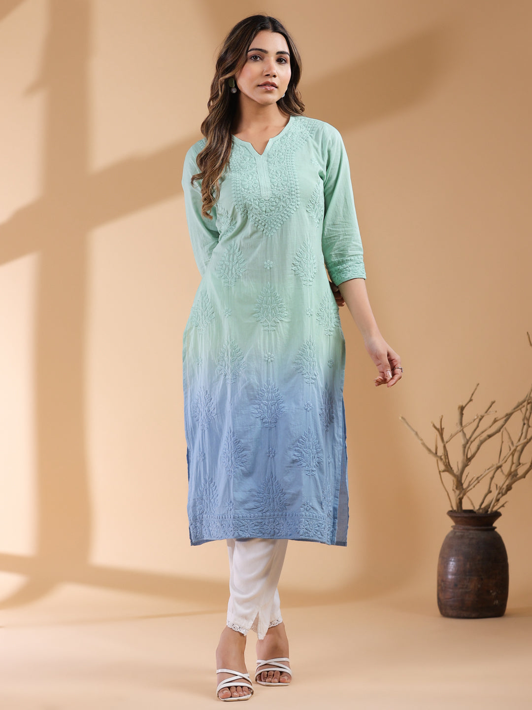 Diya Mint Ombre Chikankari Cotton Stylish Kurti for Women