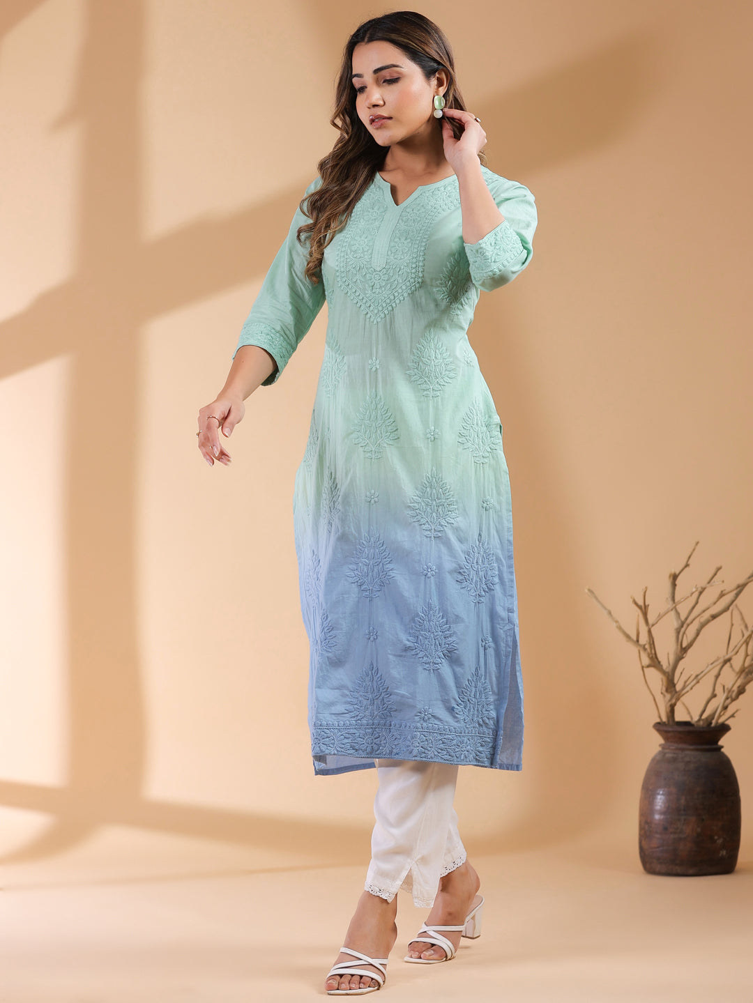 Diya Mint Ombre Chikankari Cotton Stylish Kurti for Women