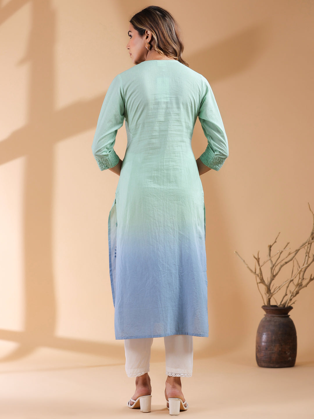 Diya Mint Ombre Chikankari Cotton Stylish Kurti for Women