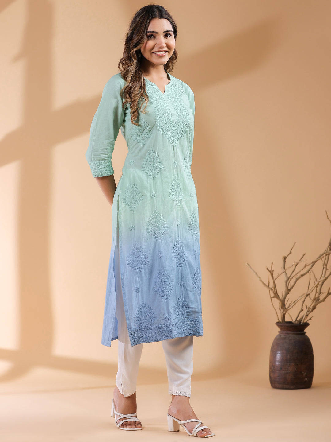 Diya Mint Ombre Chikankari Cotton Stylish Kurti for Women