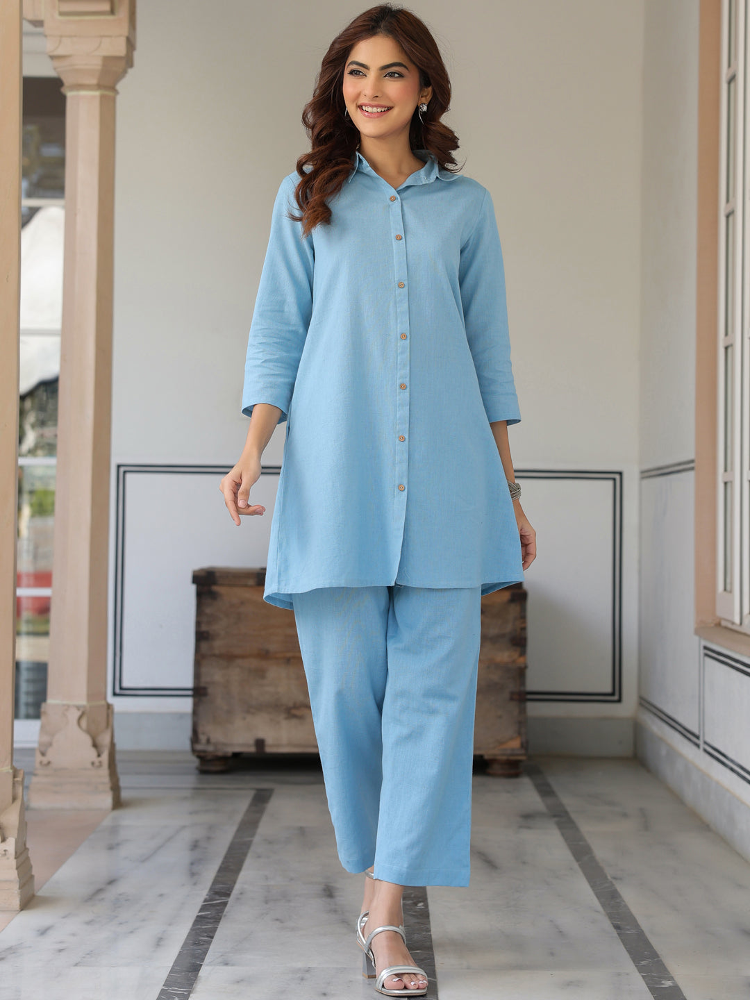 Powder blue cotton flex co-ord set for women – casual wear