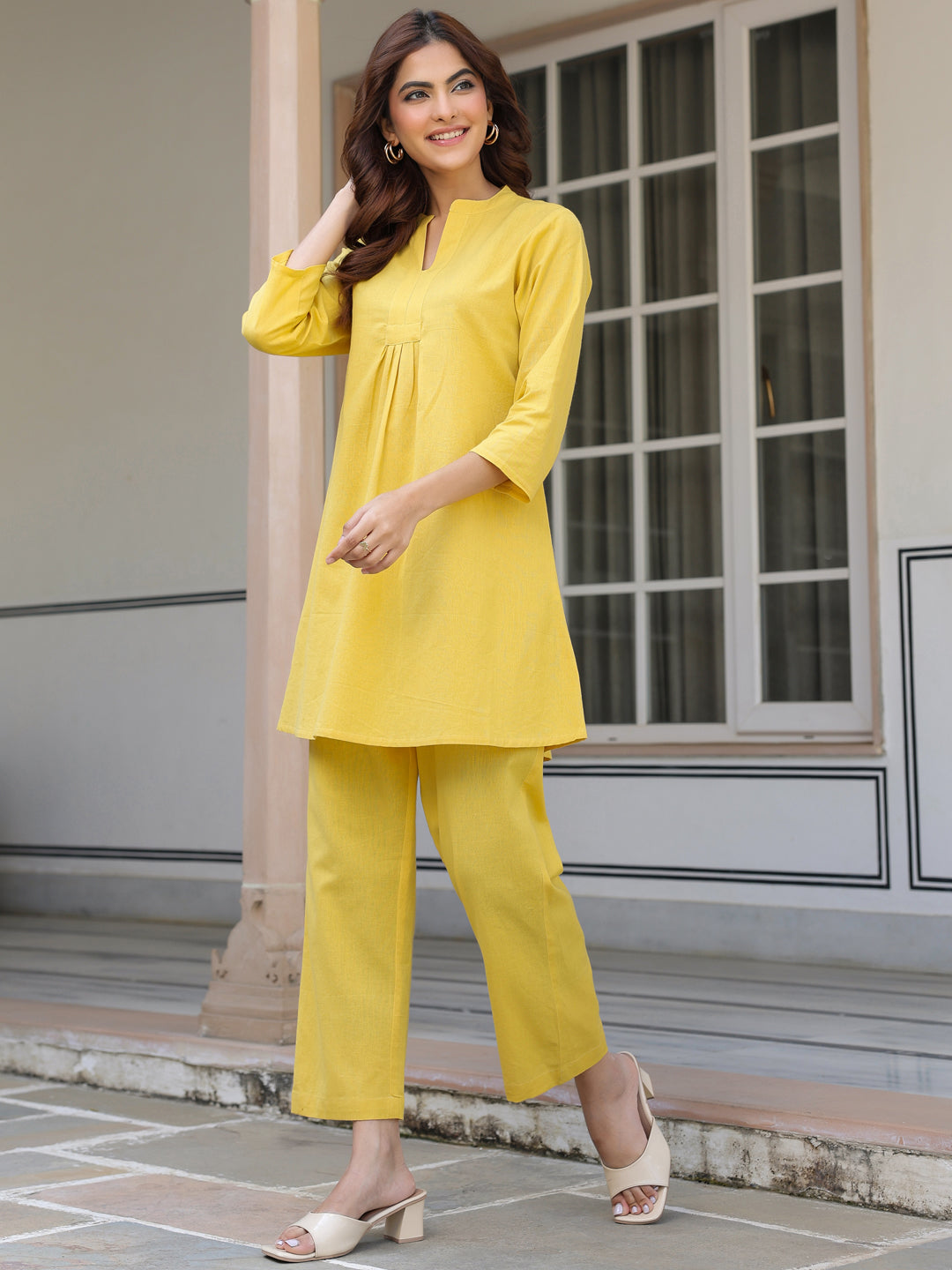 Solid yellow co-ord set for women – minimalist style