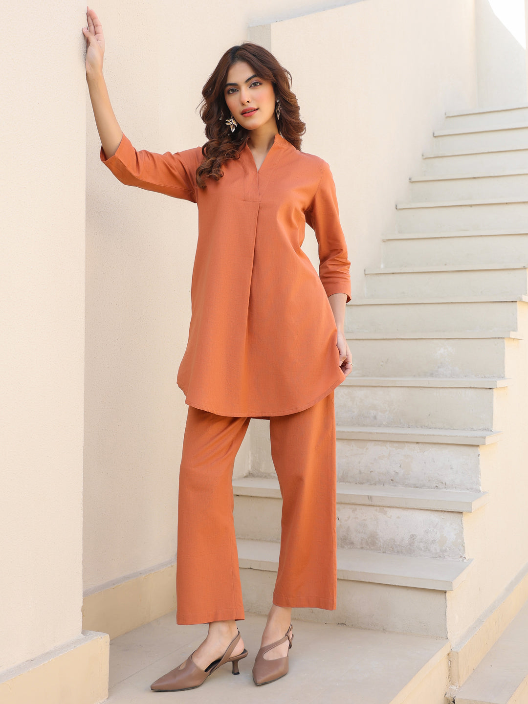 Rust cotton flex co-ord set for women – casual wear