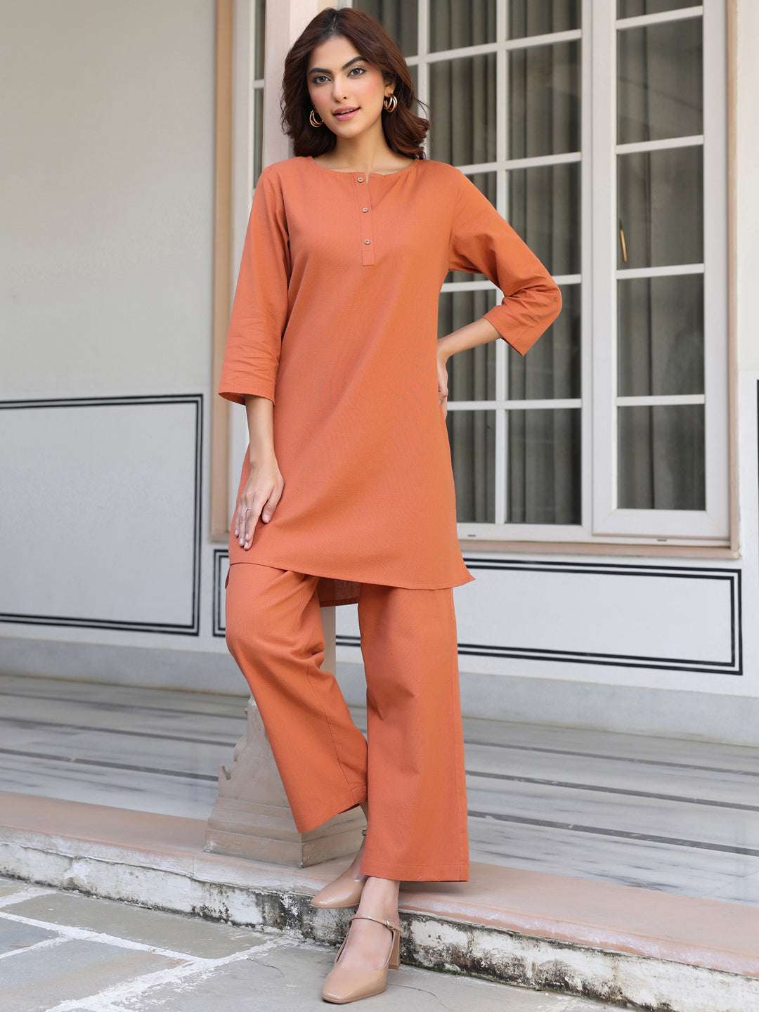 Rust solid co-ord set for women – minimal chic fashion