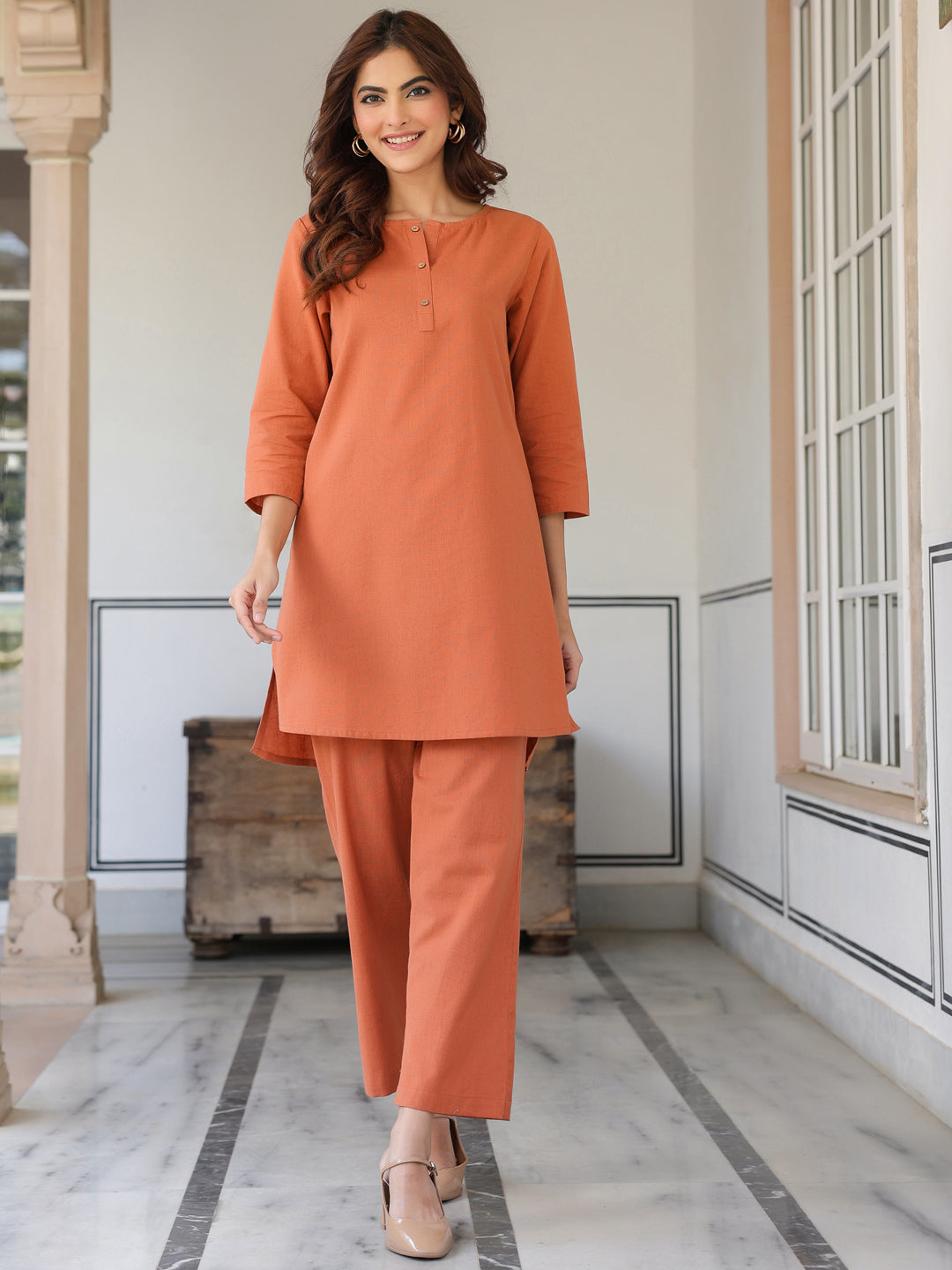 Rust cotton solid co-ord set for women – A-line silhouette