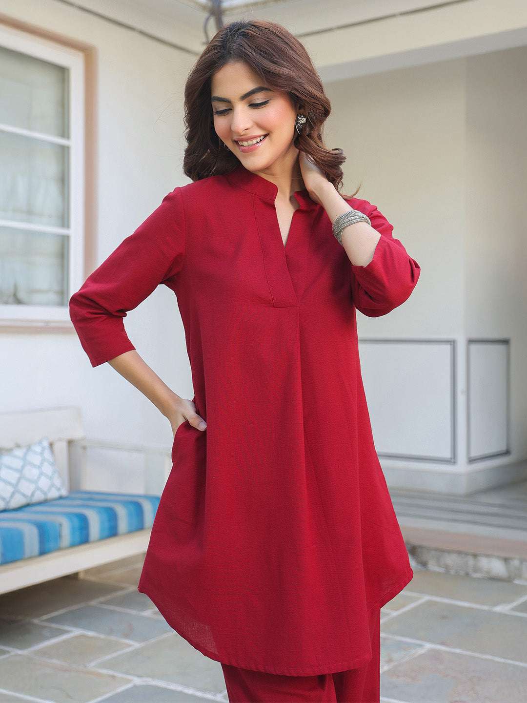 Band collar v-neck co-ord set for women – everyday outfit