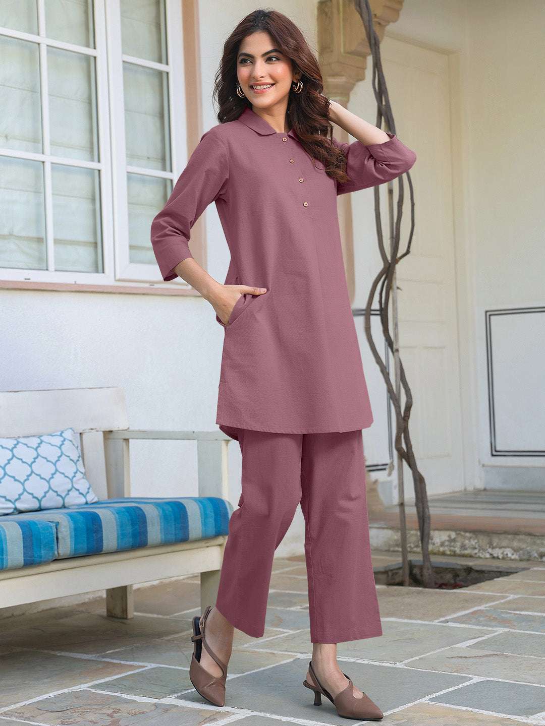 Straight-fit mauve pants co-ord set for women – weekend casual wear