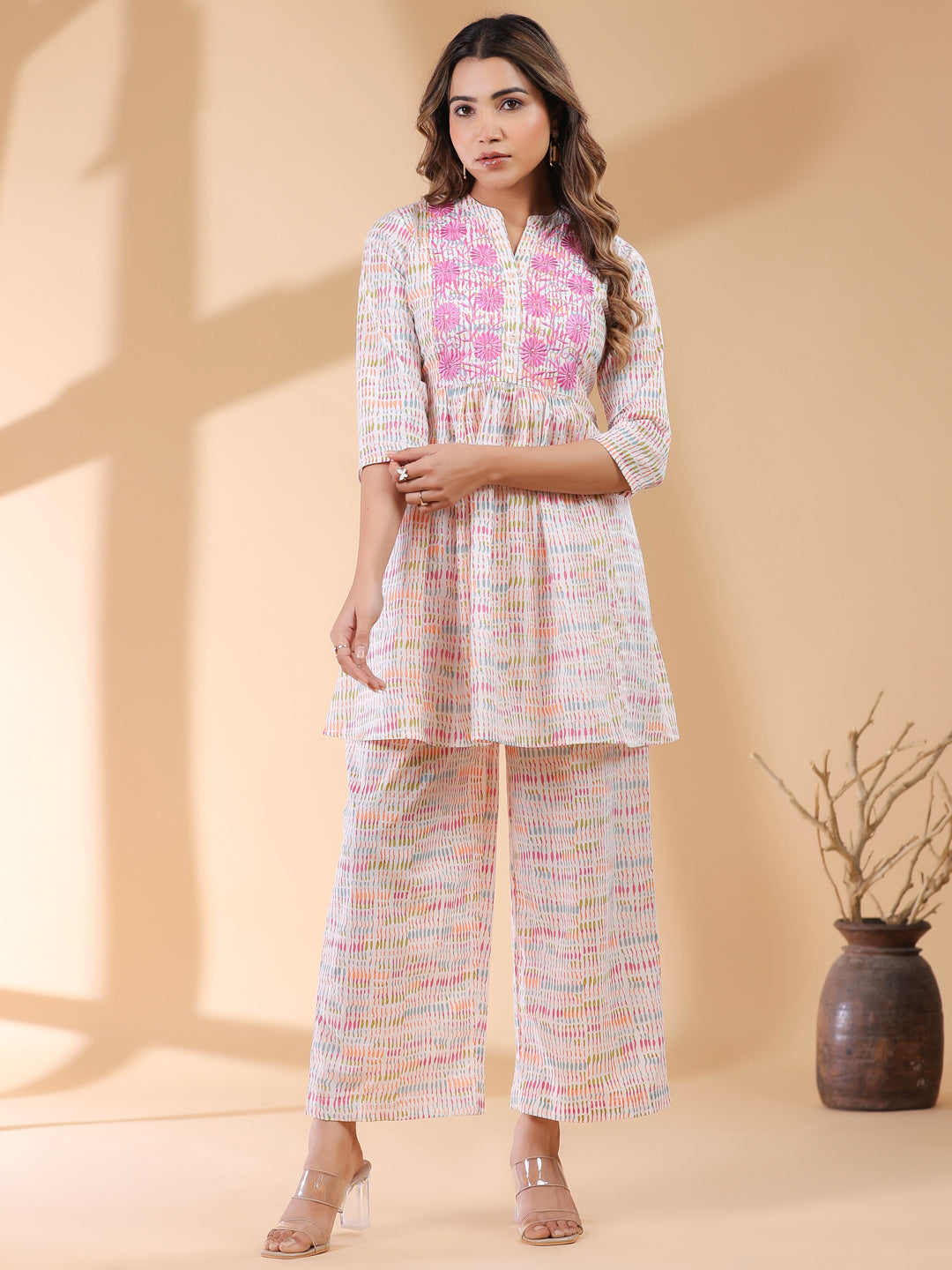 White abstract cotton co-ord set for women – casual wear