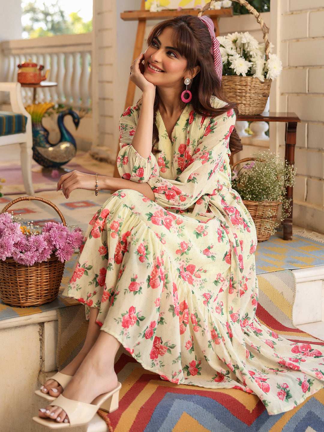 SunnyBloom Light Yellow Floral Georgette Tiered Dress for Women My Store