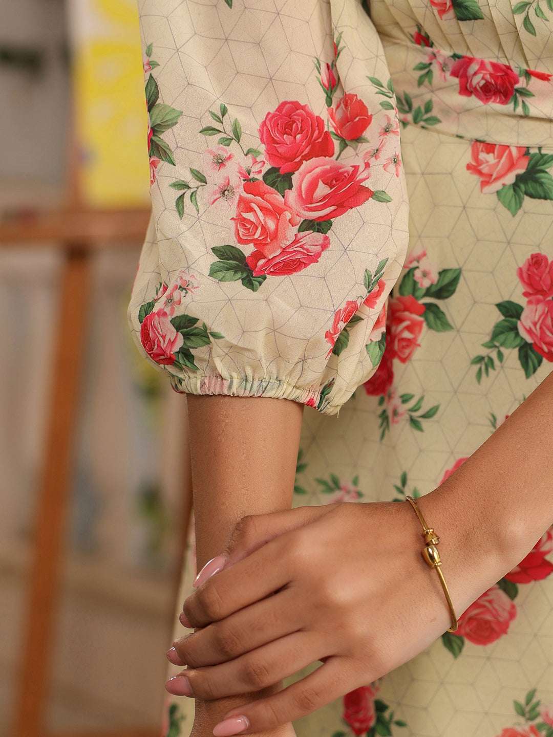 SunnyBloom Light Yellow Floral Georgette Tiered Dress for Women My Store