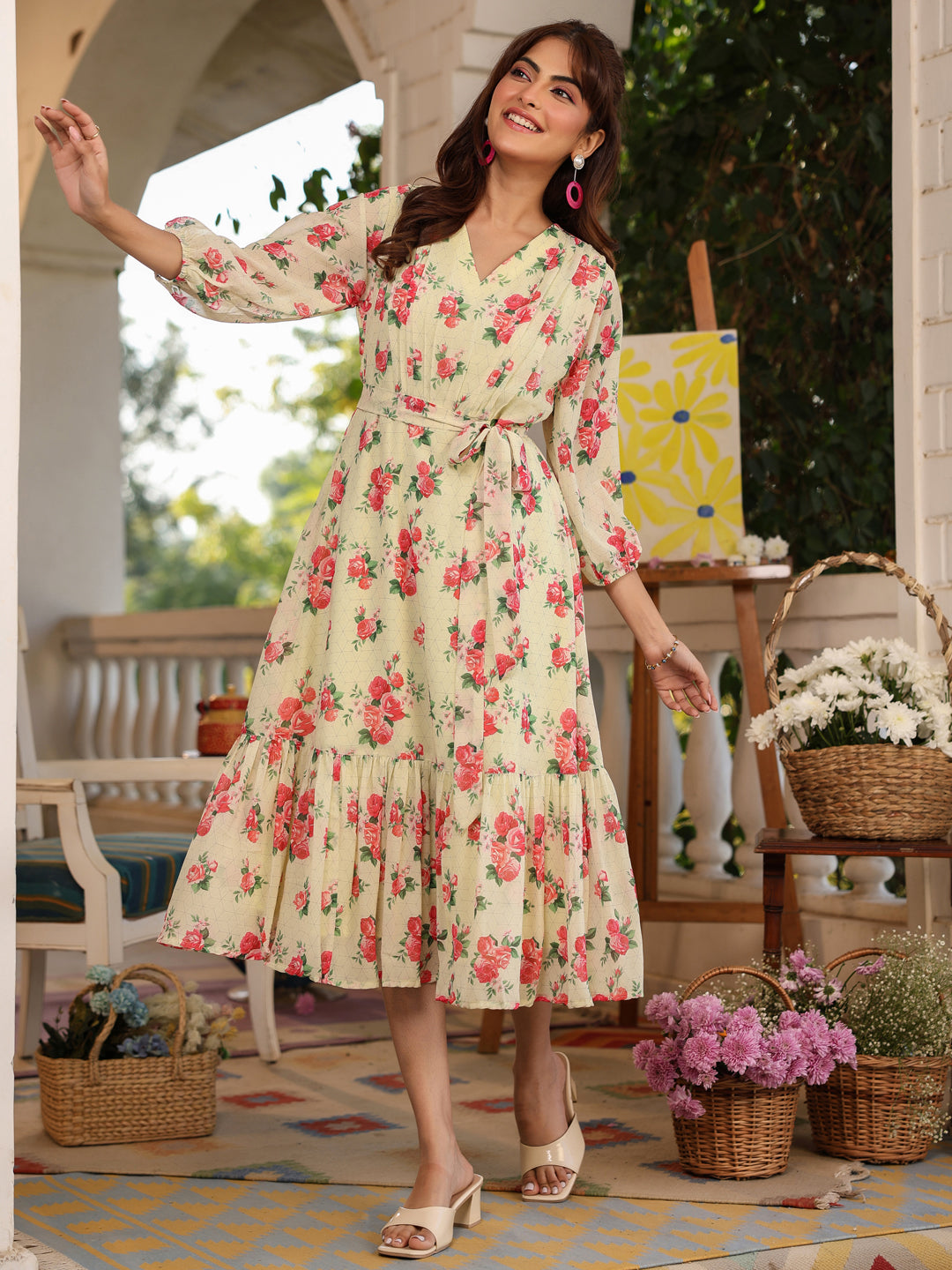 SunnyBloom Light Yellow Floral Georgette Tiered Dress for Women