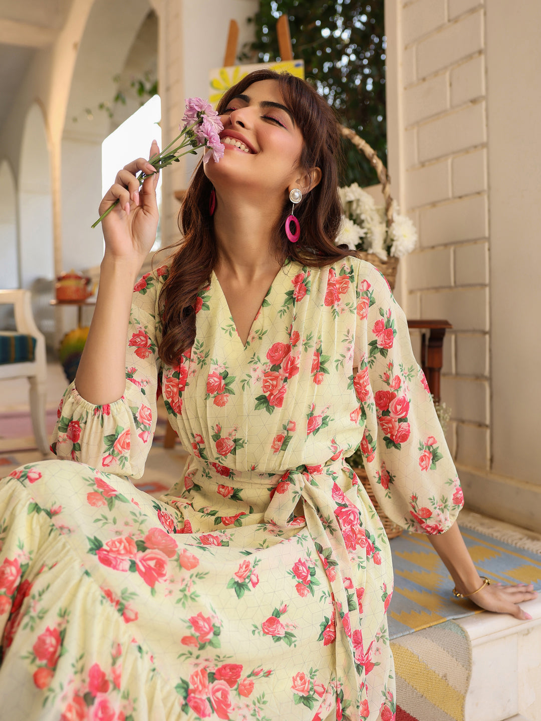 SunnyBloom Light Yellow Floral Georgette Tiered Dress for Women