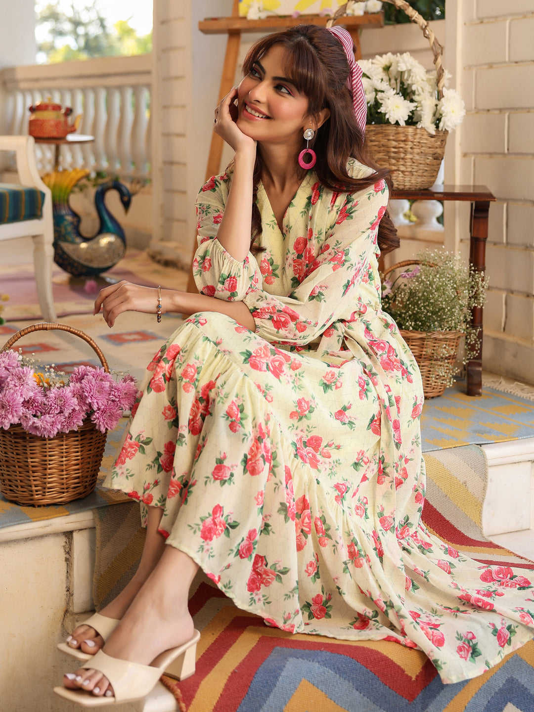 SunnyBloom Light Yellow Floral Georgette Tiered Dress for Women