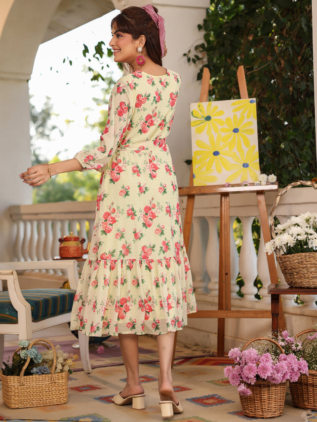 SunnyBloom Light Yellow Floral Georgette Tiered Dress for Women