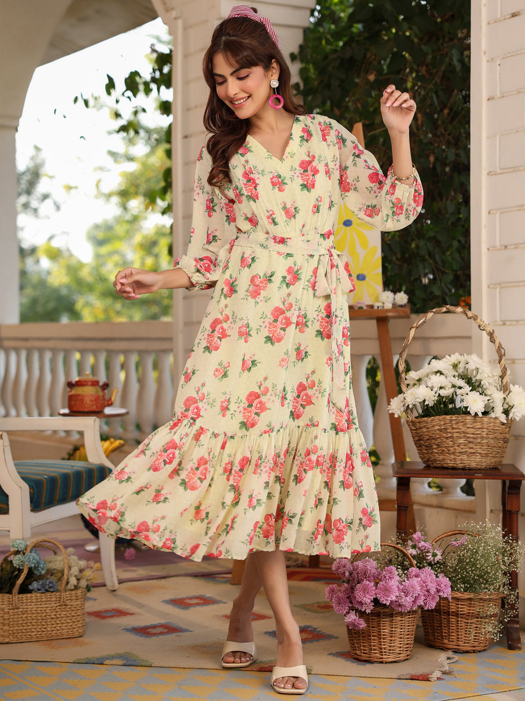 SunnyBloom Light Yellow Floral Georgette Tiered Dress for Women