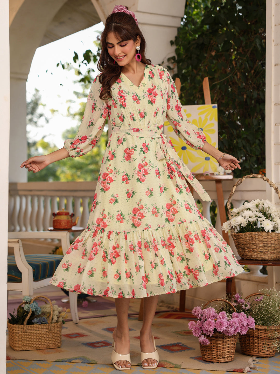SunnyBloom Light Yellow Floral Georgette Tiered Dress for Women