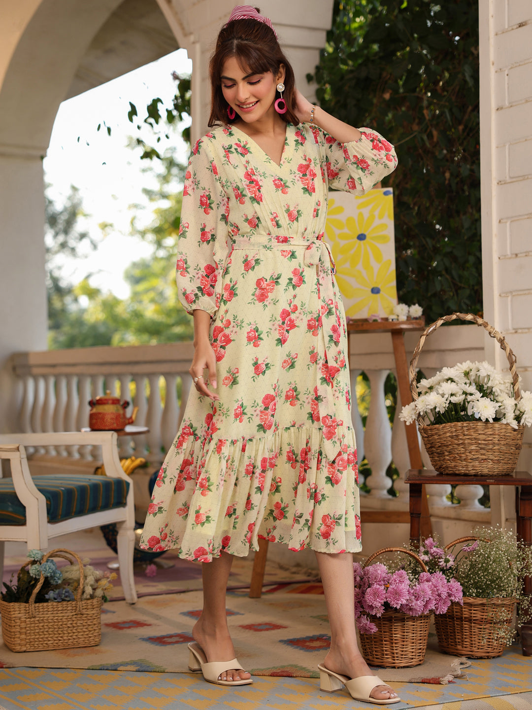 SunnyBloom Light Yellow Floral Georgette Tiered Dress for Women