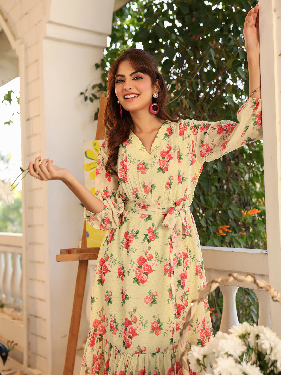 SunnyBloom Light Yellow Floral Georgette Tiered Dress for Women