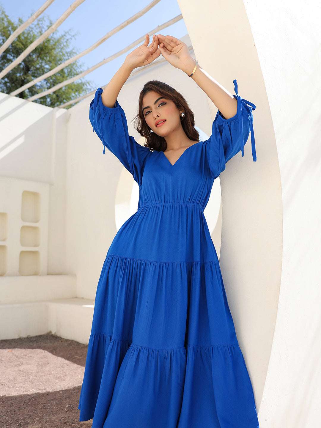 Royal Blue Rayon Solid Tiered Dress My Store