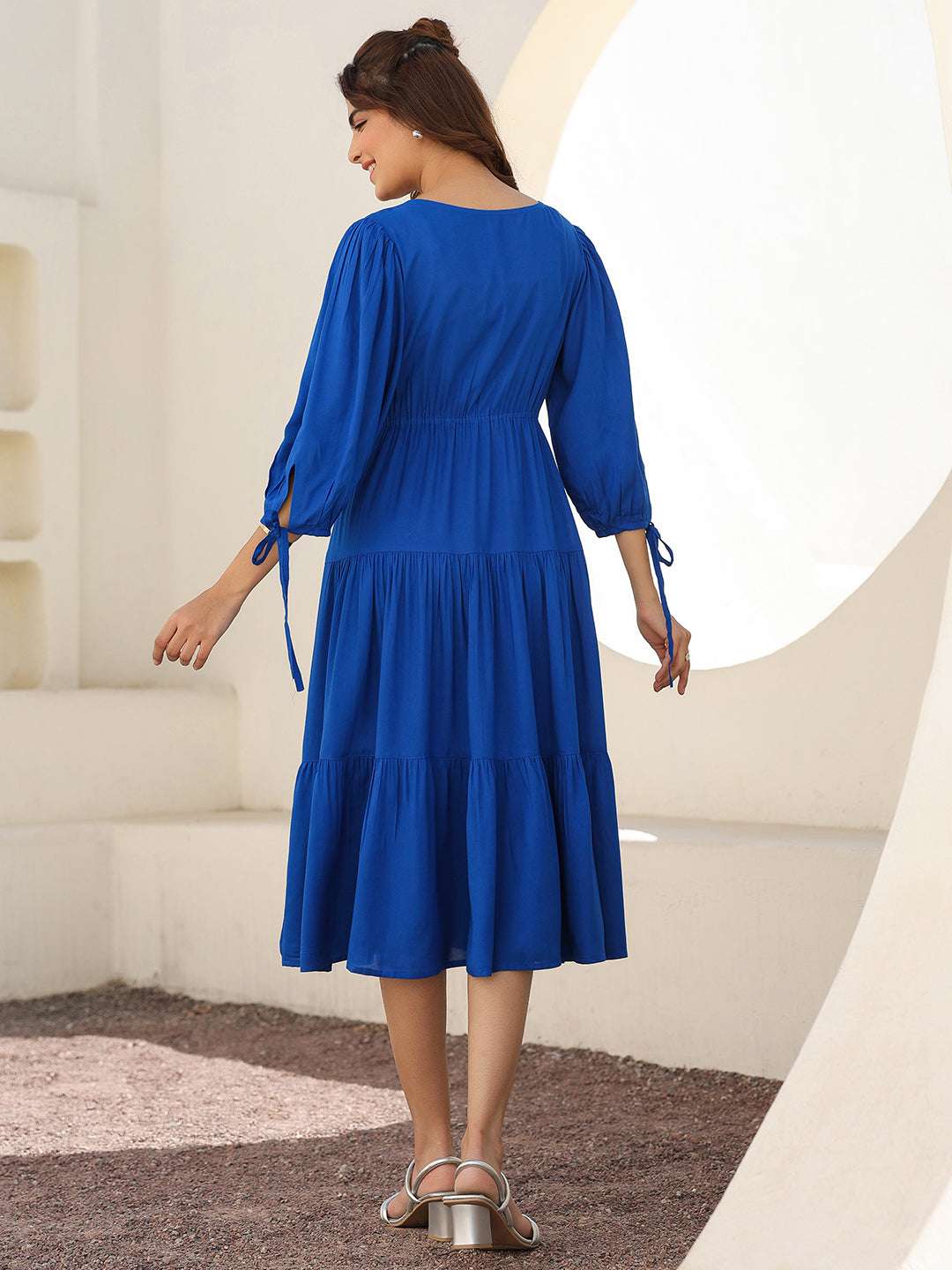 Royal Blue Rayon Solid Tiered Dress My Store