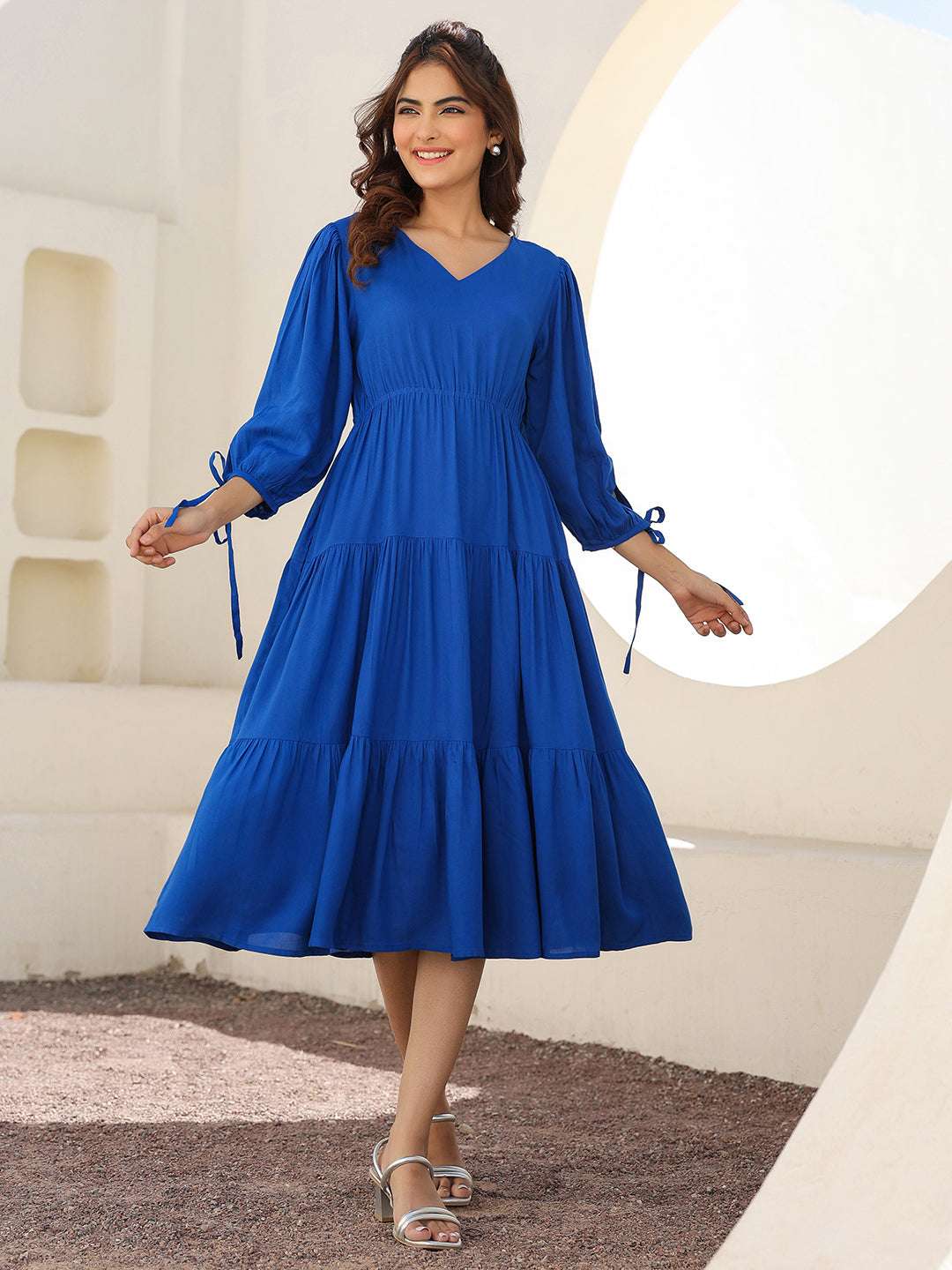 Royal Blue Rayon Solid Tiered Dress My Store