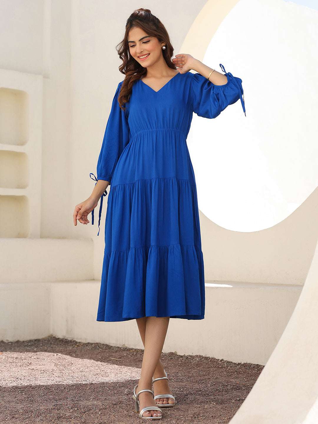 Royal Blue Rayon Solid Tiered Dress My Store