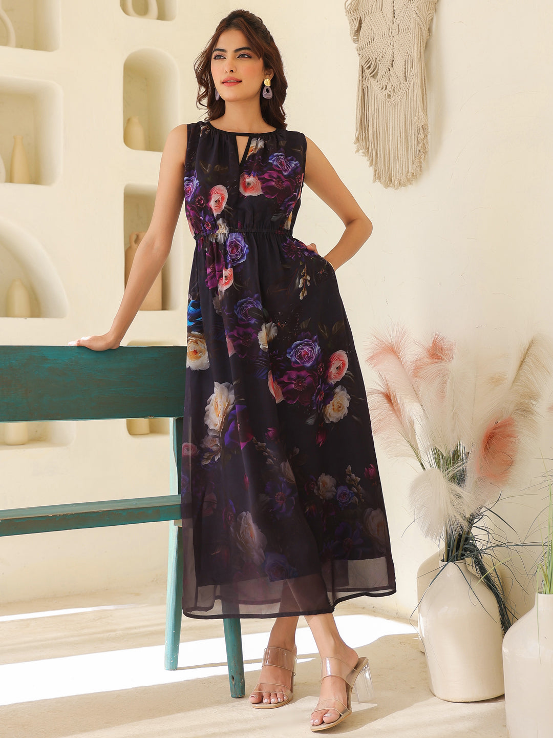 FloraCharm Black Georgette Floral A-Line Dress for Women