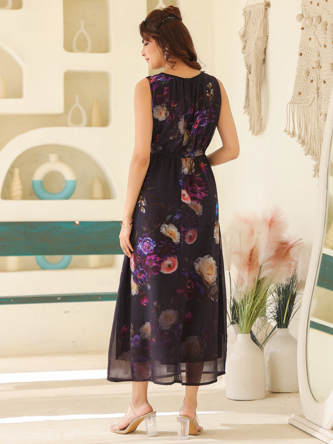 FloraCharm Black Georgette Floral A-Line Dress for Women