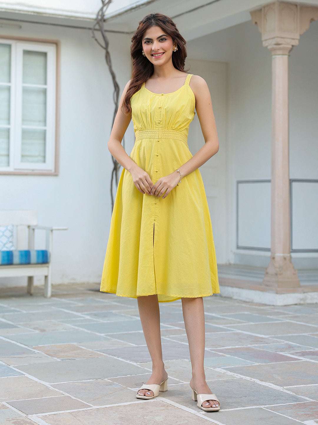 SunKiss Yellow Cotton Solid A-Line Dress for Women My Store
