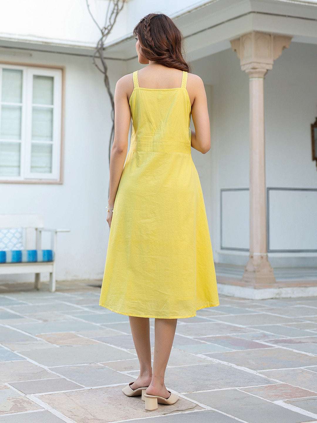 SunKiss Yellow Cotton Solid A-Line Dress for Women My Store