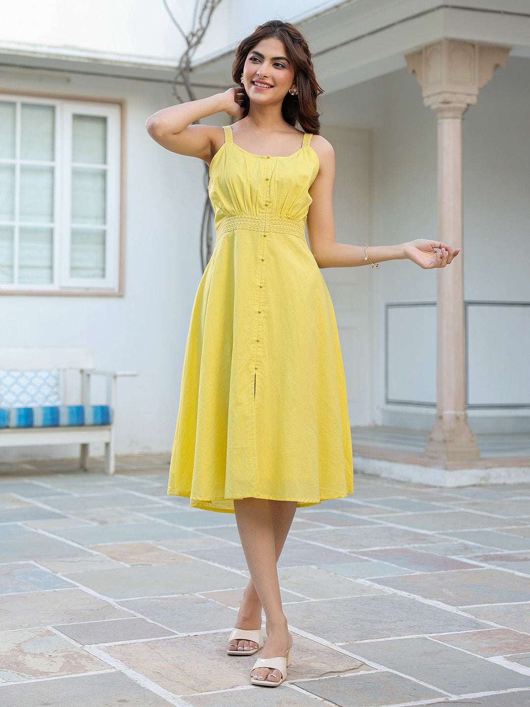 SunKiss Yellow Cotton Solid A-Line Dress for Women My Store