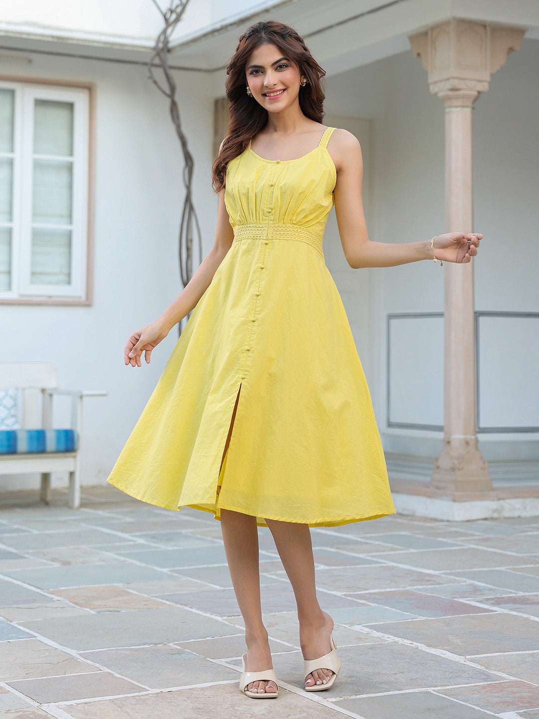 SunKiss Yellow Cotton Solid A-Line Dress for Women My Store