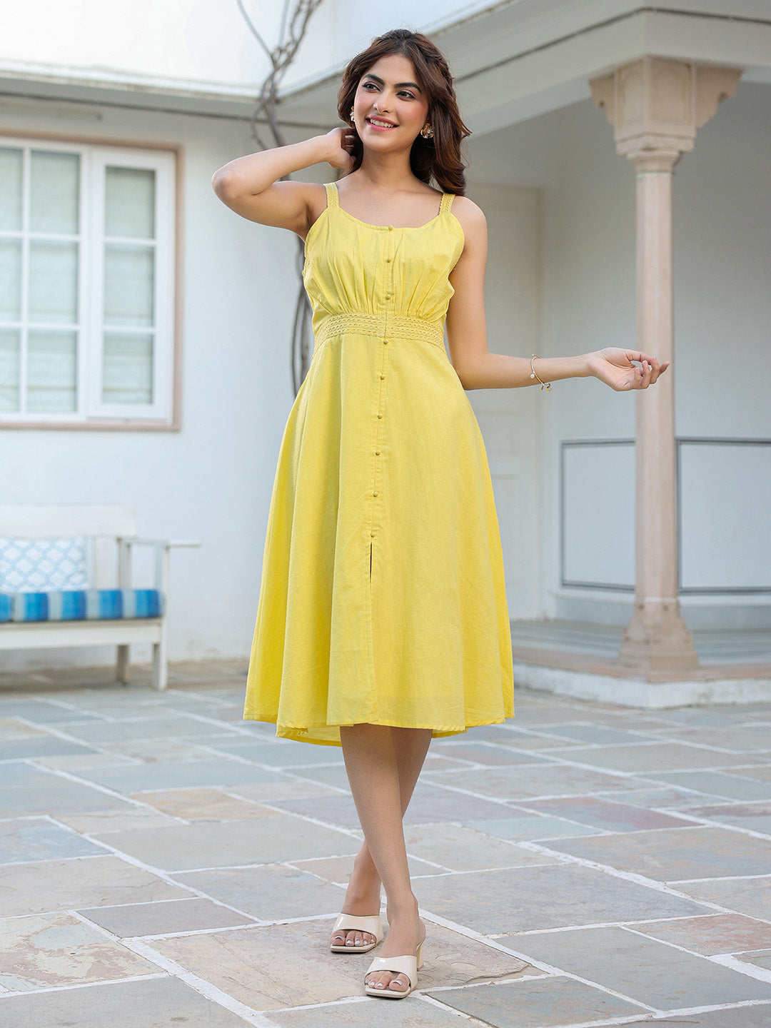 SunKiss Yellow Cotton Solid A-Line Dress for Women