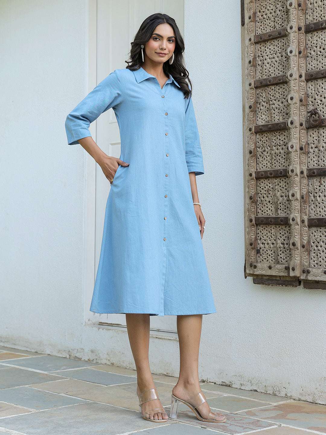 Light Blue Cotton A-Line Dress for Women My Store
