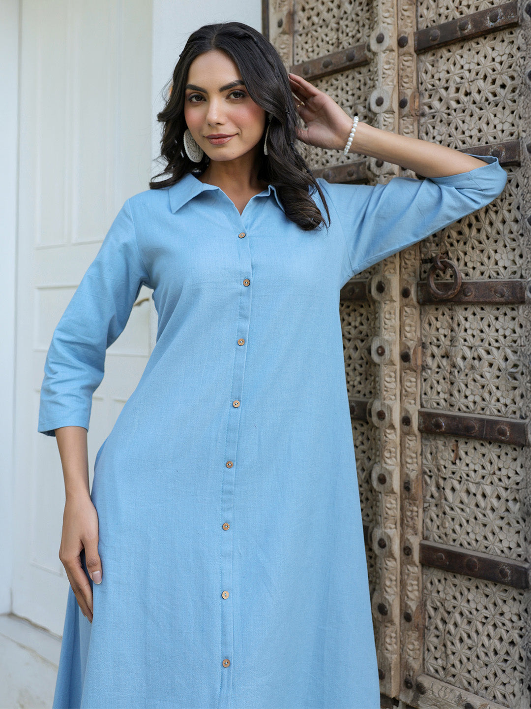 Light Blue Cotton A-Line Dress for Women