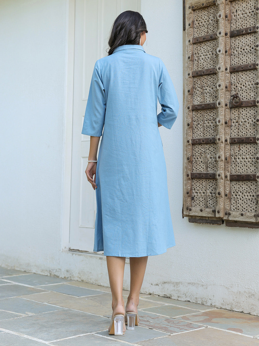 Light Blue Cotton A-Line Dress for Women