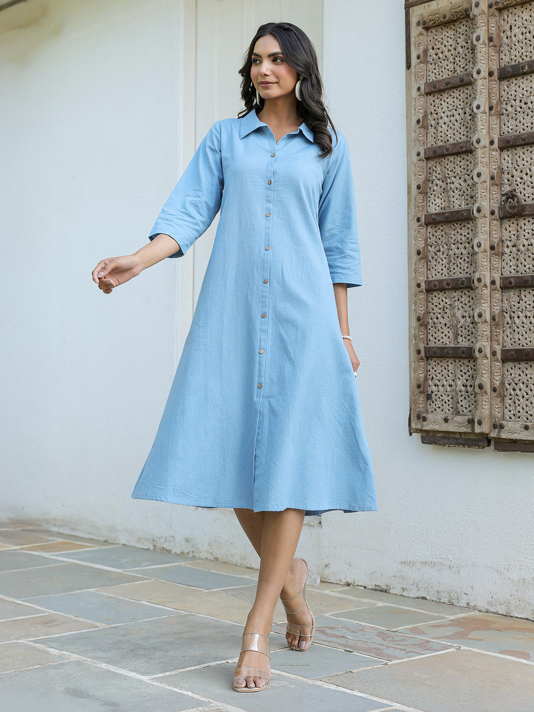 Light Blue Cotton A-Line Dress for Women