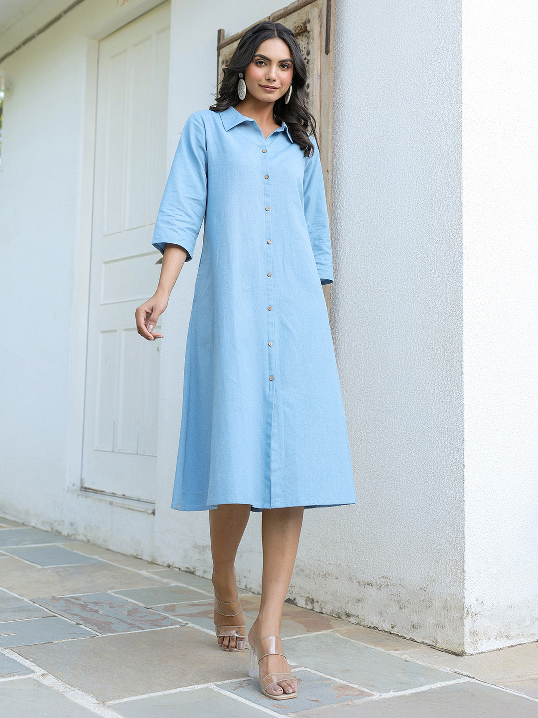 Light Blue Cotton A-Line Dress for Women