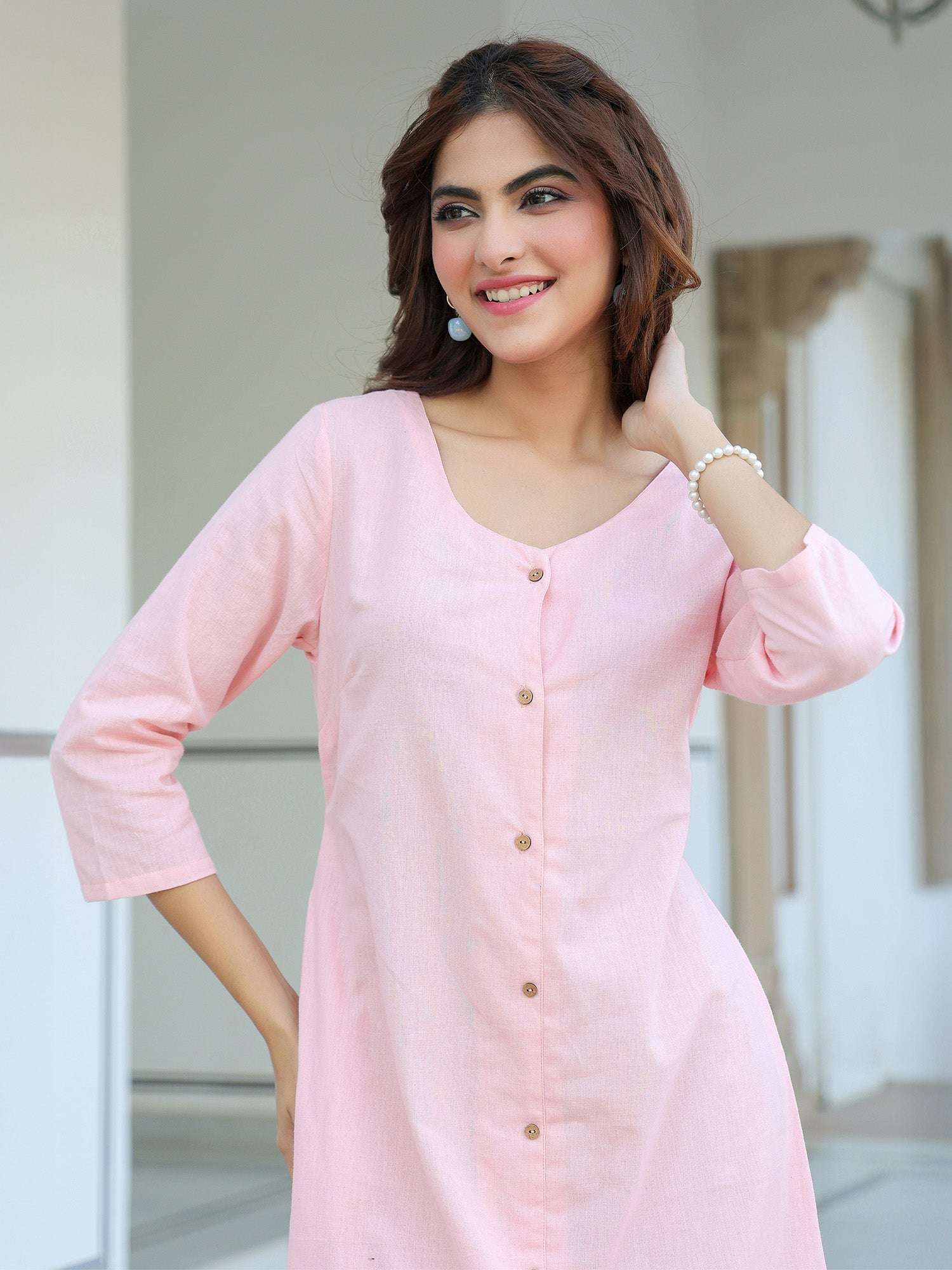 BlushEase Soft Pink Cotton Solid A-Line Dress for Women My Store