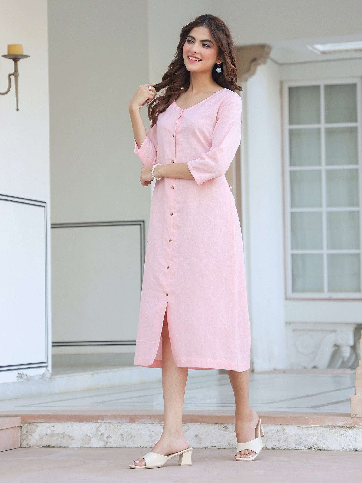 BlushEase Soft Pink Cotton Solid A-Line Dress for Women My Store