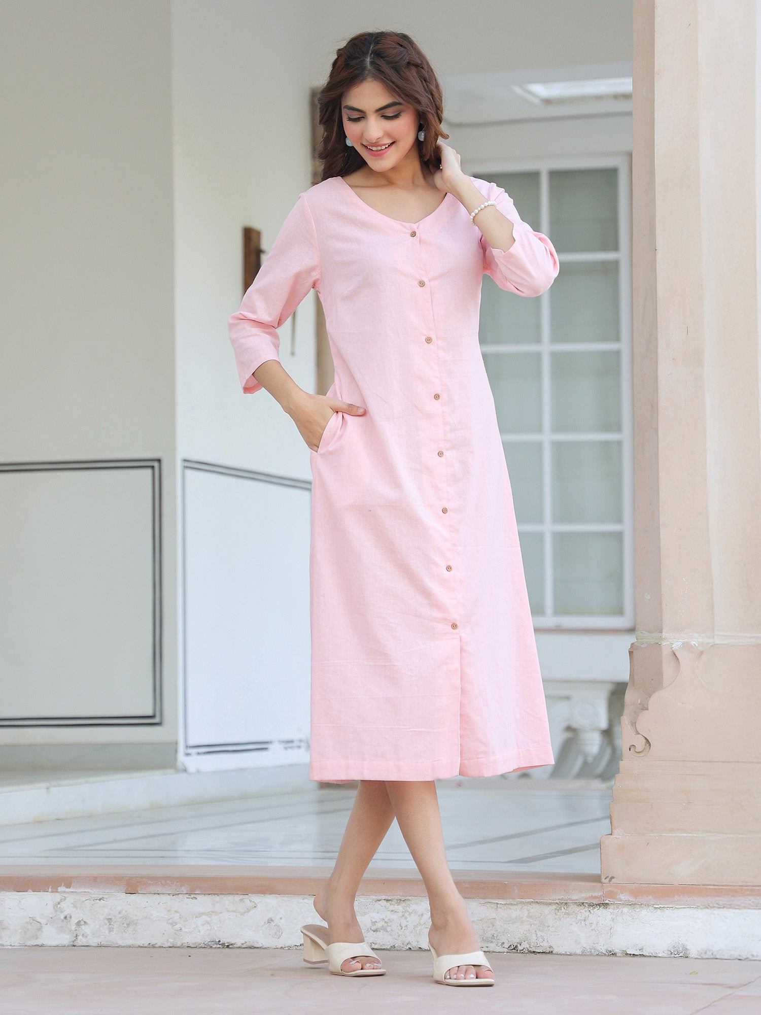 BlushEase Soft Pink Cotton Solid A-Line Dress for Women
