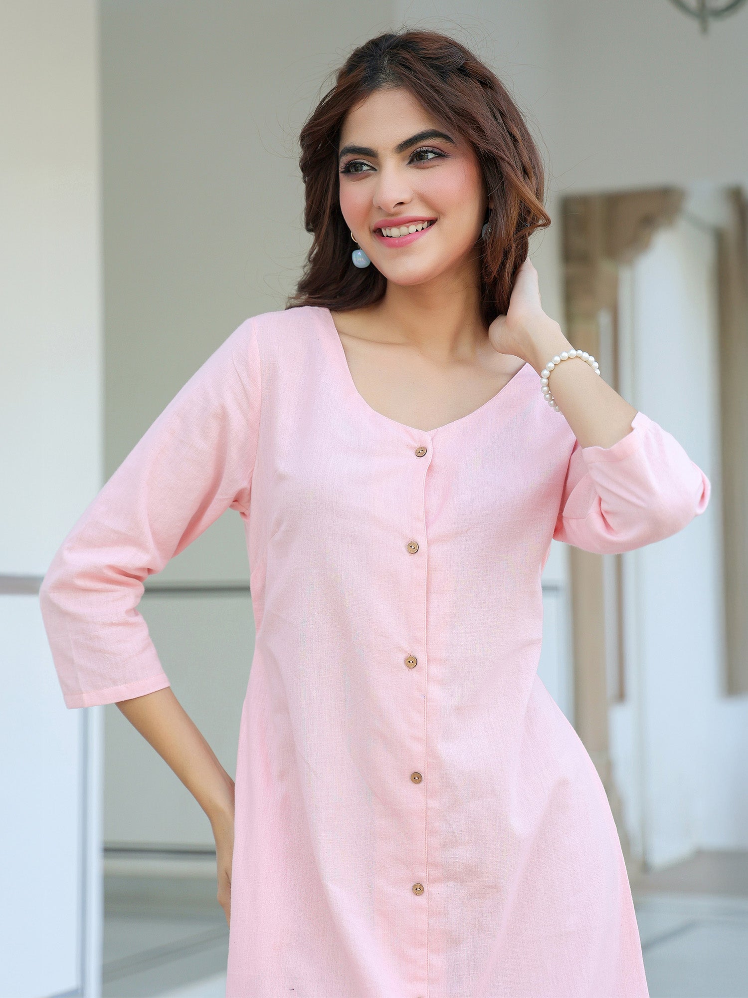 BlushEase Soft Pink Cotton Solid A-Line Dress for Women